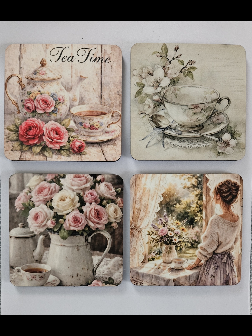 Hand Crafted Floral Tea Coasters Set - Pink, Cream, Green